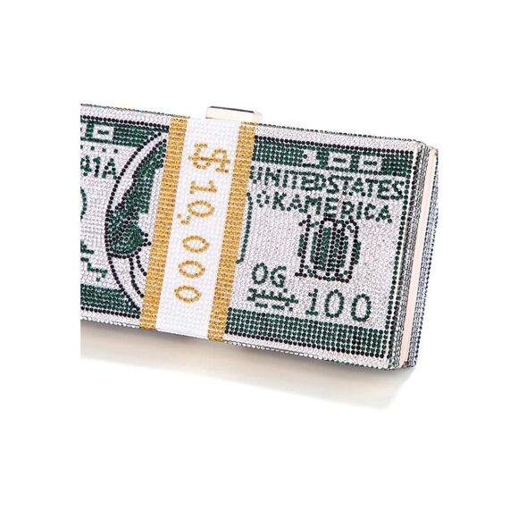 Dollar Clutch Purse Rhinestone Evening Handbag Money Bag Green - Picture 6 of 7